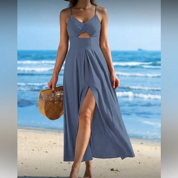 Blue Cutout Maxi Dress with Slit - Picture 6 of 6